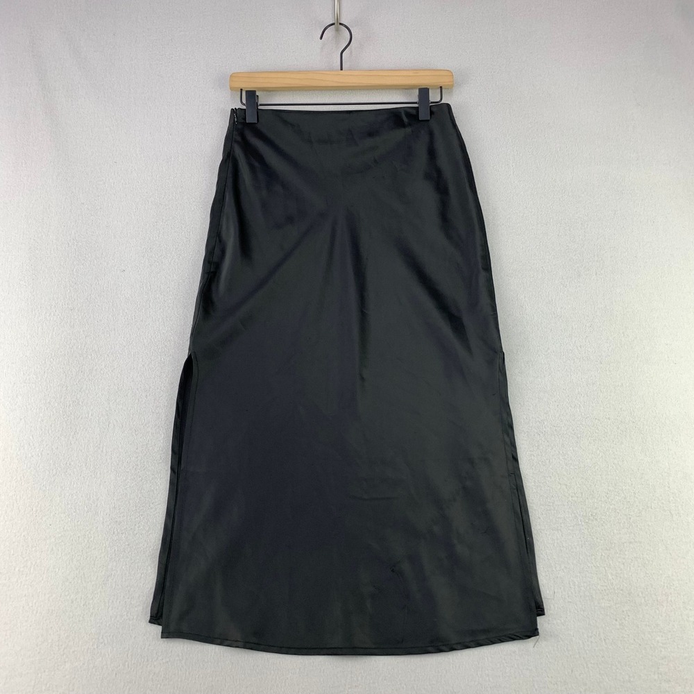 Polly Black Satin Midi Skirt Women 4 Solid Side Slit Minimalist Party Office